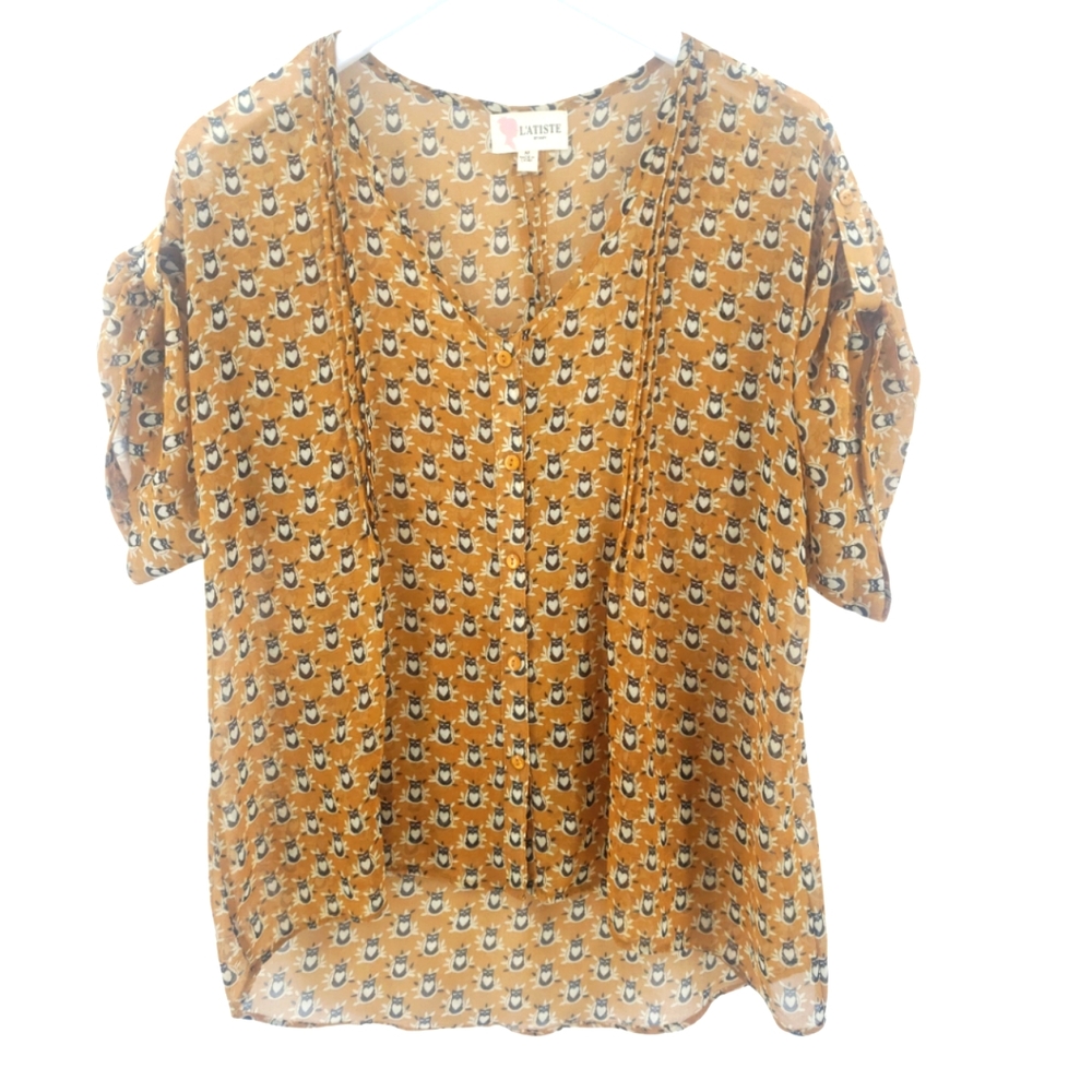 L'atiste by Amy Cat and Heart Blouse Size Medium in Autumn Brown